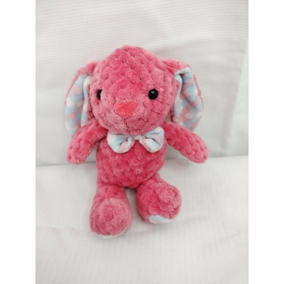 10" Kellytoy PINK Quilted Chenille BUNNY Rabbit Plush with Plaid Ears & Bow tie - Picture 4 of 13
